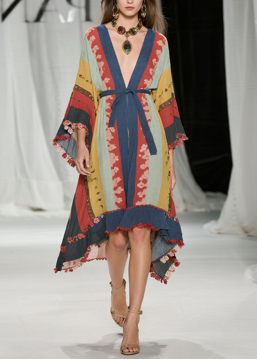 Bohemian Colorblock V Neck Floral Lace Up Cotton Dress Summer