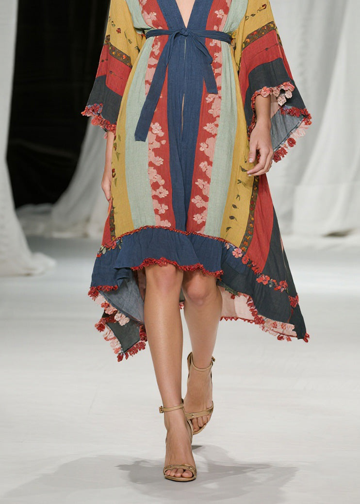 Bohemian Colorblock V Neck Floral Lace Up Cotton Dress Summer