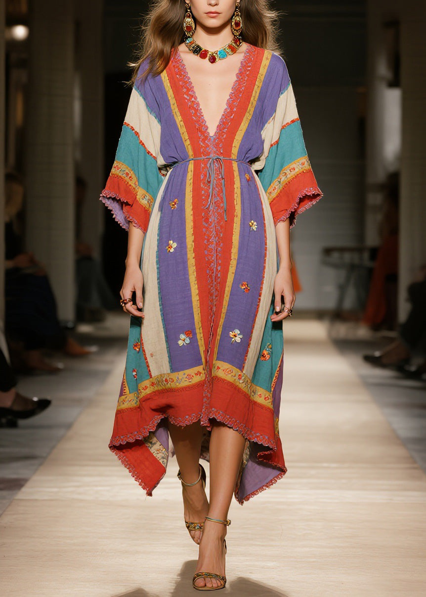 Bohemian Colorblock V Neck Floral Patchwork Cotton Dress Summer