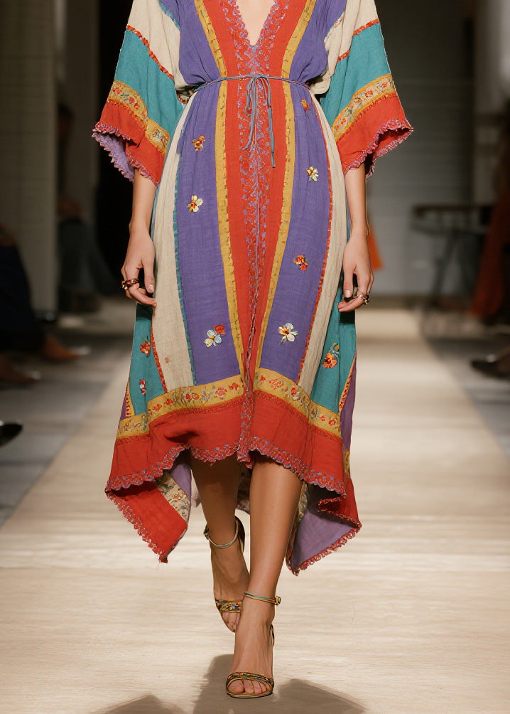 Bohemian Colorblock V Neck Floral Patchwork Cotton Dress Summer