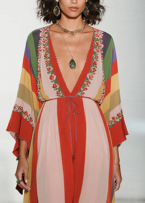 Bohemian Colorblock V Neck Print Chiffon Holiday Dress Summer