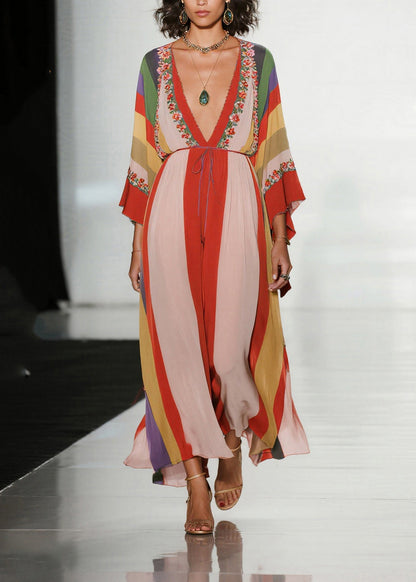 Bohemian Colorblock V Neck Print Chiffon Holiday Dress Summer