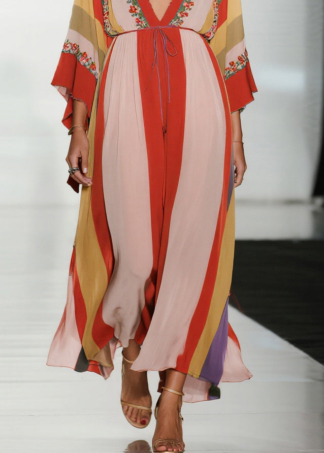 Bohemian Colorblock V Neck Print Chiffon Holiday Dress Summer