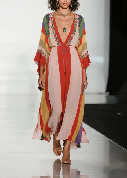 Bohemian Colorblock V Neck Print Chiffon Holiday Dress Summer