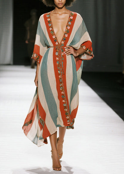 Bohemian Colorblock V Neck Striped Cotton Tunic Dresses Summer