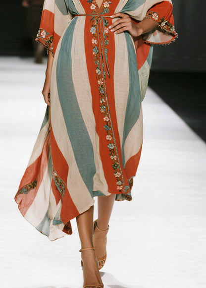 Bohemian Colorblock V Neck Striped Cotton Tunic Dresses Summer