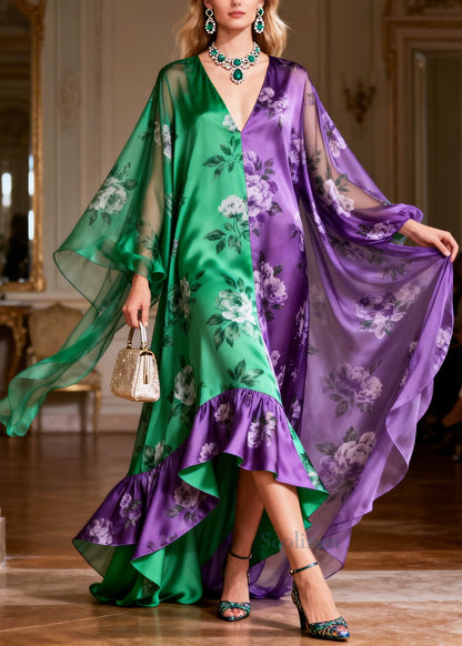 Bohemian ColorblockC Asymmetrical Patchwork Silk Holiday Dress Summer