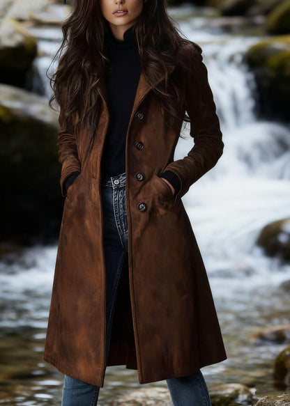 Bohemian Dark Brown Peter Pan Collar Pockets Faux Suede Coat Spring