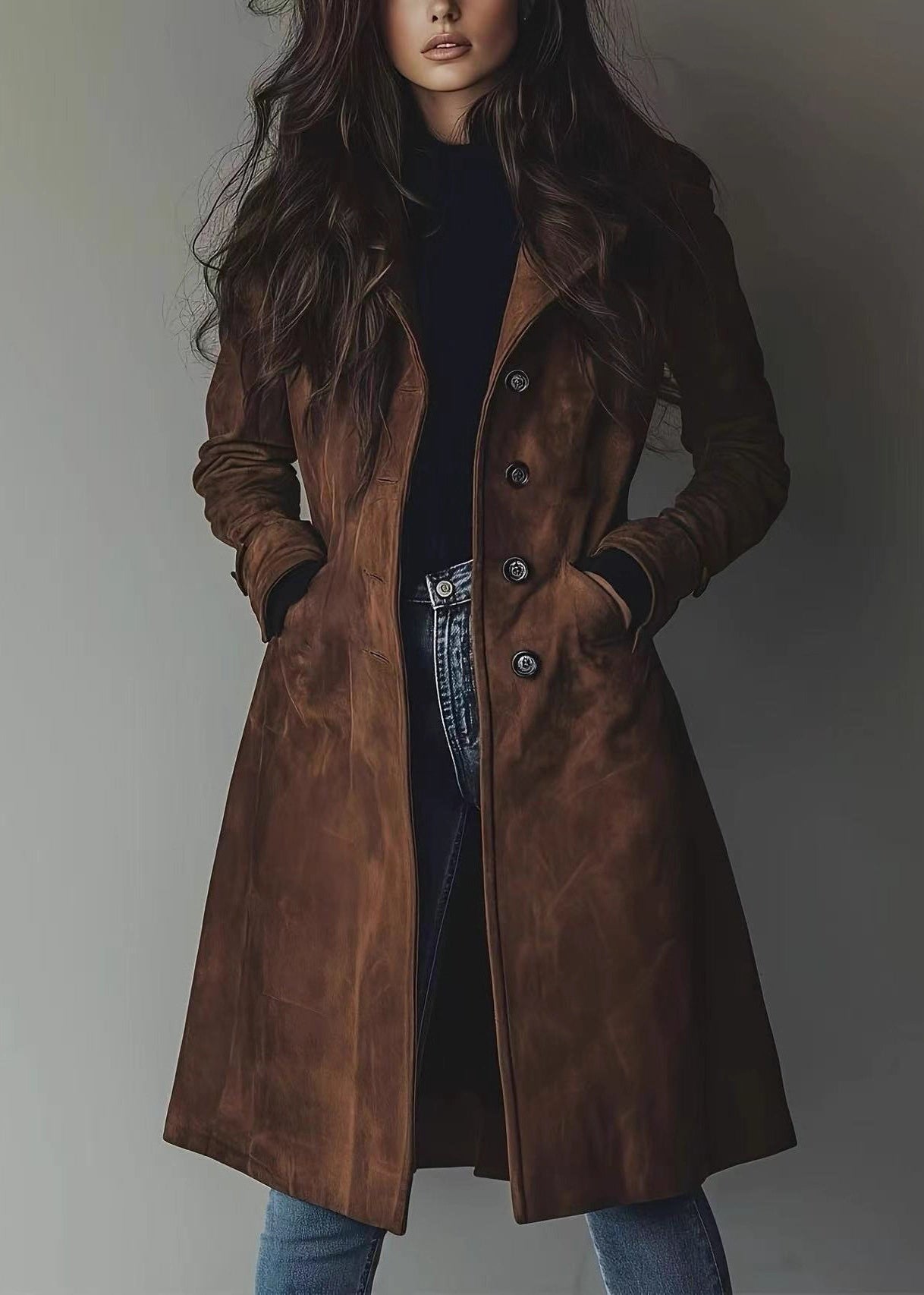 Bohemian Dark Brown Peter Pan Collar Pockets Faux Suede Coat Spring