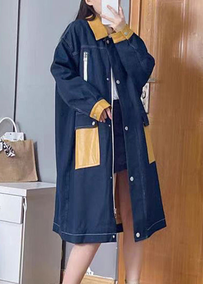 Gabardinas largas de lino con botones y cremallera de patchwork con cuello Peter Pan de mezclilla azul bohemio para otoño