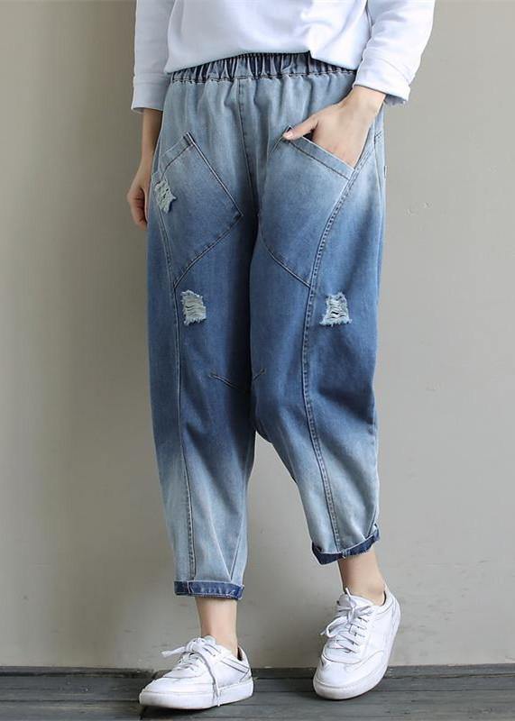 Bohemian Denim Light Blue Trousers Oversize Spring Elastic Waist Hole Work Pant - SooLinen