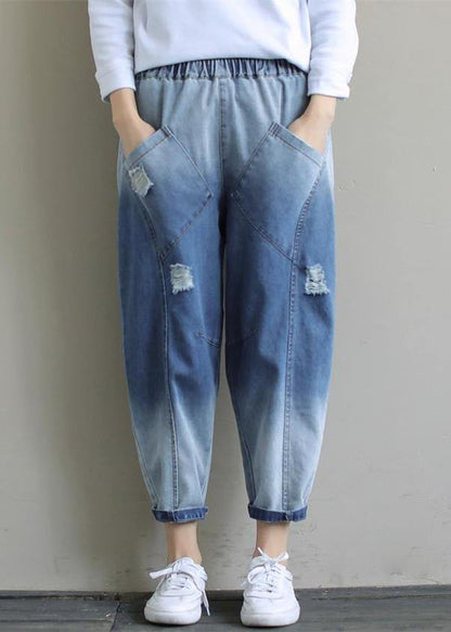 Bohemian Denim Light Blue Trousers Oversize Spring Elastic Waist Hole Work Pant - SooLinen