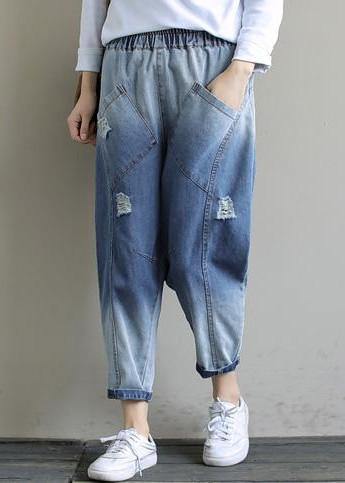 Bohemian Denim Light Blue Trousers Oversize Spring Elastic Waist Hole Work Pant - SooLinen