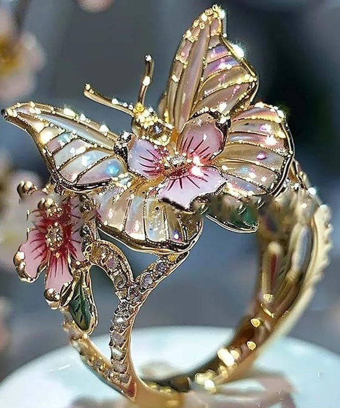 Ringe aus böhmischer Goldlegierung mit Zirkonia-Tropfenglasur, Schmetterlings- und Blumenmuster