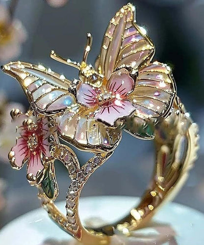 Ringe aus böhmischer Goldlegierung mit Zirkonia-Tropfenglasur, Schmetterlings- und Blumenmuster
