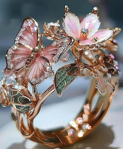 Ringe aus böhmischer Goldlegierung mit Zirkonia-Tropfenglasur, Schmetterlings- und Blumenmuster