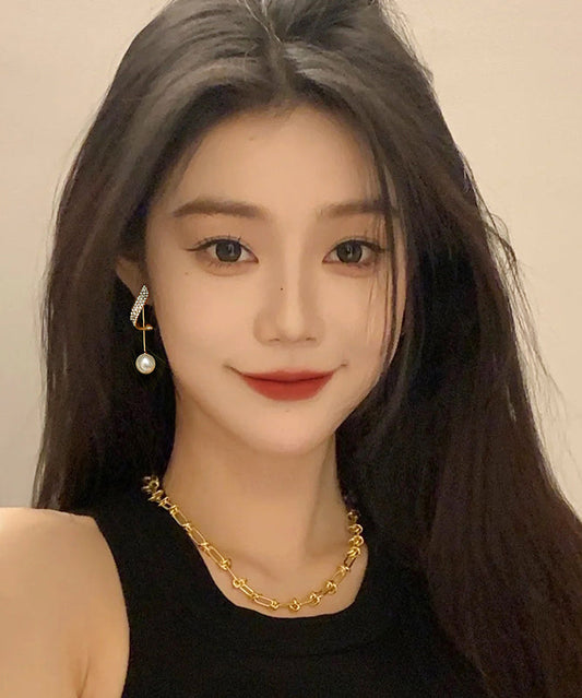 Pendientes colgantes de plata de ley dorada y circonitas con perlas de Bohemia