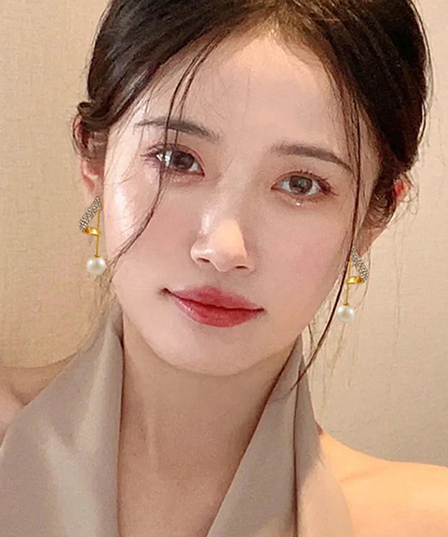 Pendientes colgantes de plata de ley dorada y circonitas con perlas de Bohemia