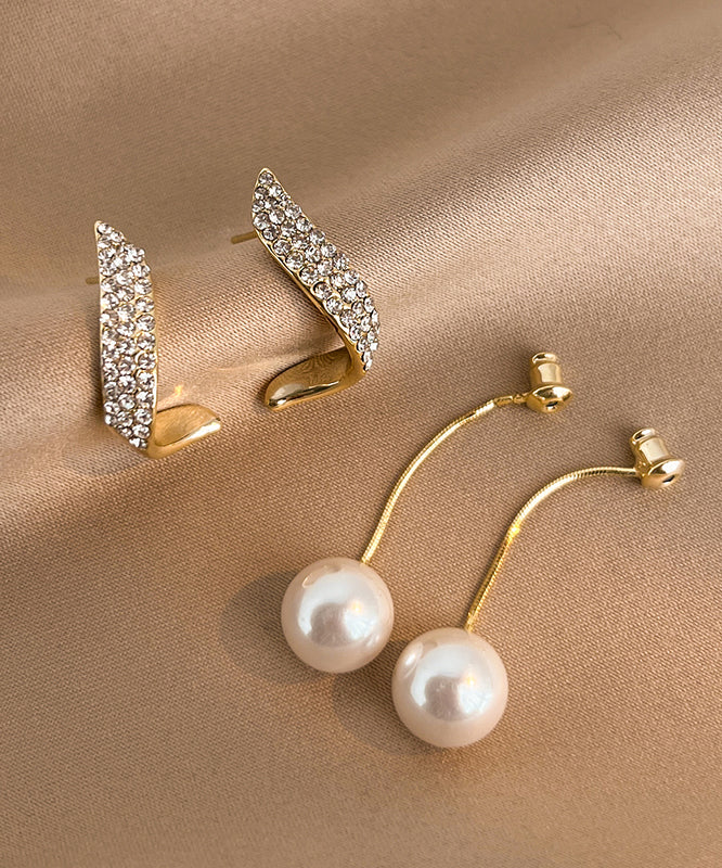 Pendientes colgantes de plata de ley dorada y circonitas con perlas de Bohemia