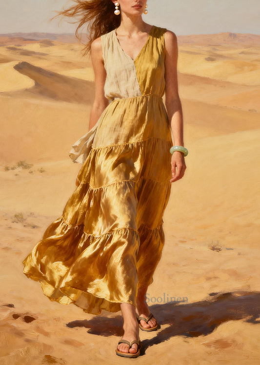 Bohemian Golden Asymmetrical Patchwork Exra Large Hem Chiffon Long Dress Summer
