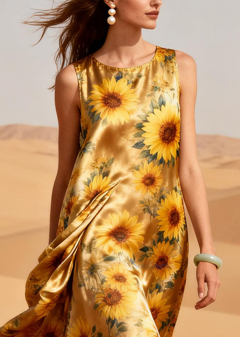 Bohemian Golden Daisy Patchwork Silk Vacation Dresses Summer