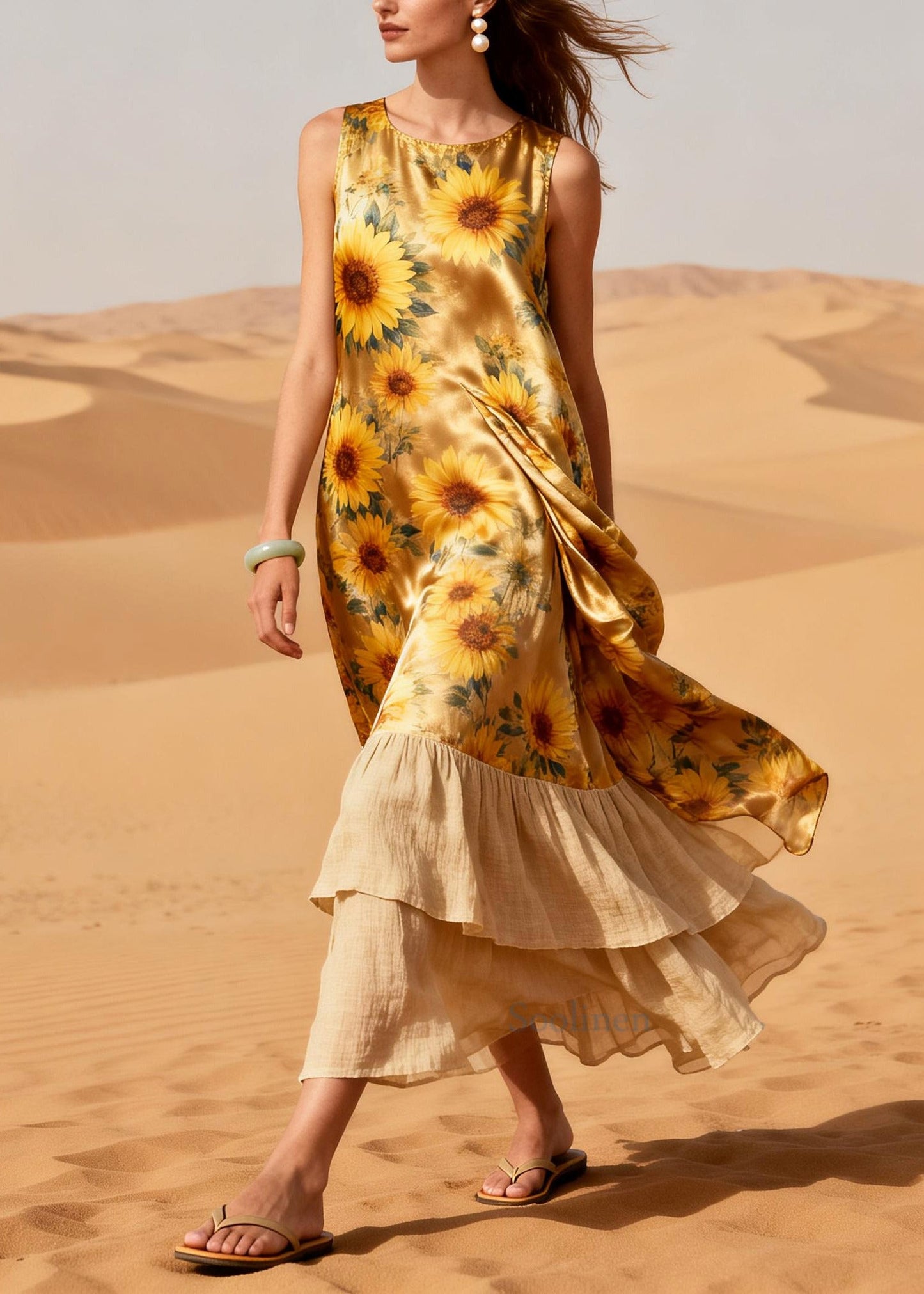Bohemian Golden Daisy Patchwork Silk Vacation Dresses Summer