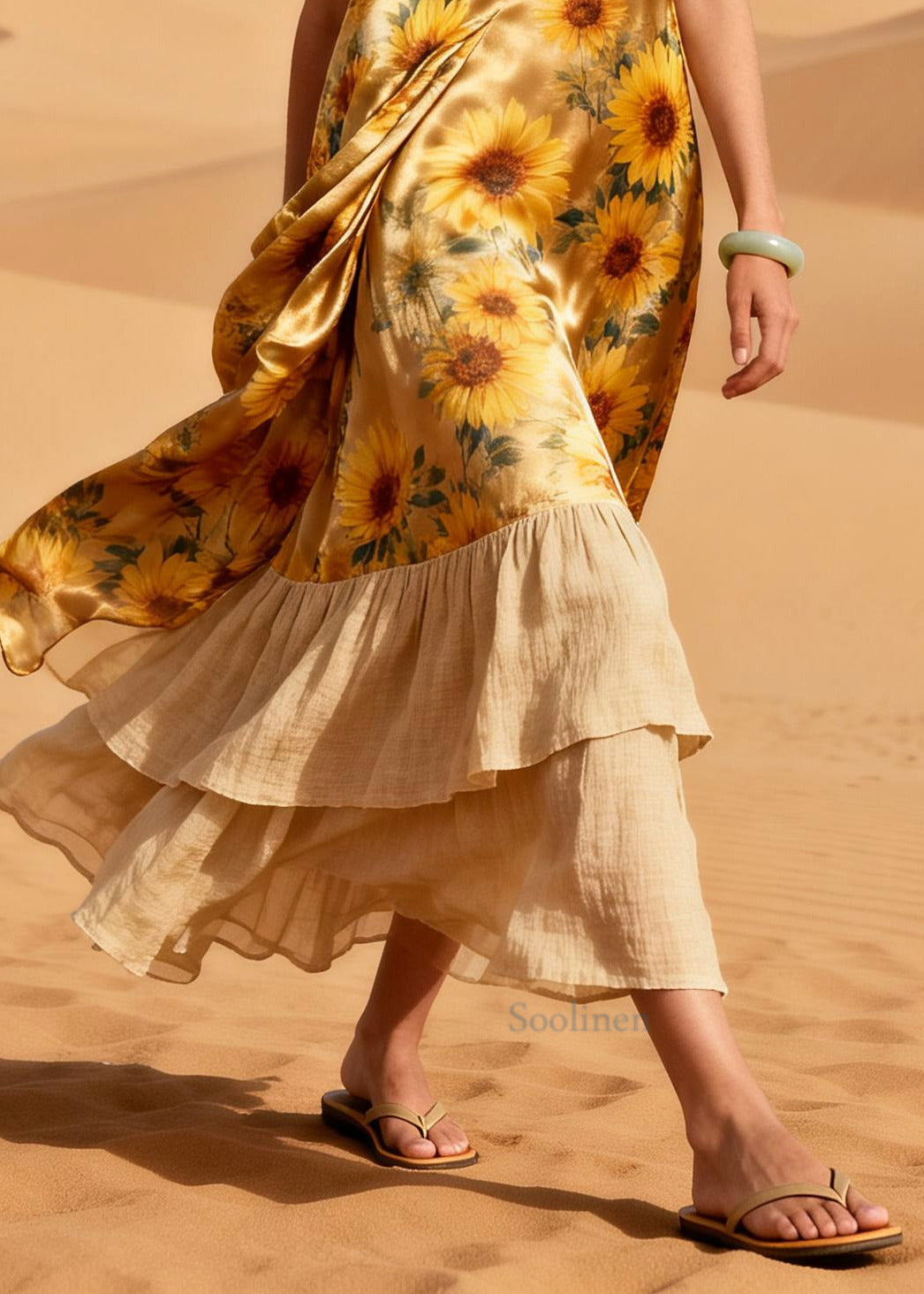 Bohemian Golden Daisy Patchwork Silk Vacation Dresses Summer