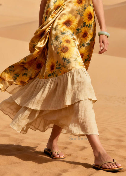 Bohemian Golden Daisy Patchwork Silk Vacation Dresses Summer