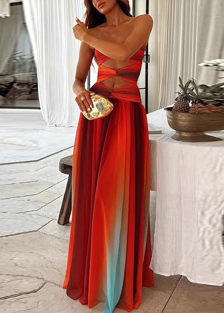 Bohemian Gradient Color Exra Large Hem Chiffon Strapless Dress Summer