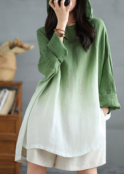 Bohemian Gradient Green Hooded Linen Loose Sweatshirts Spring