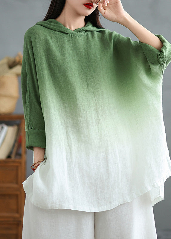 Bohemian Gradient Green Hooded Linen Loose Sweatshirts Spring