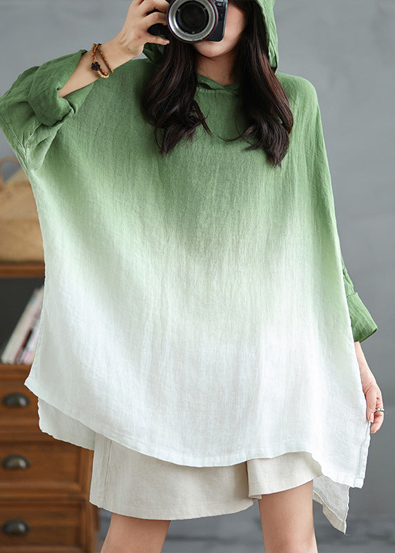 Bohemian Gradient Green Hooded Linen Loose Sweatshirts Spring