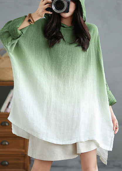 Bohemian Gradient Green Hooded Linen Loose Sweatshirts Spring