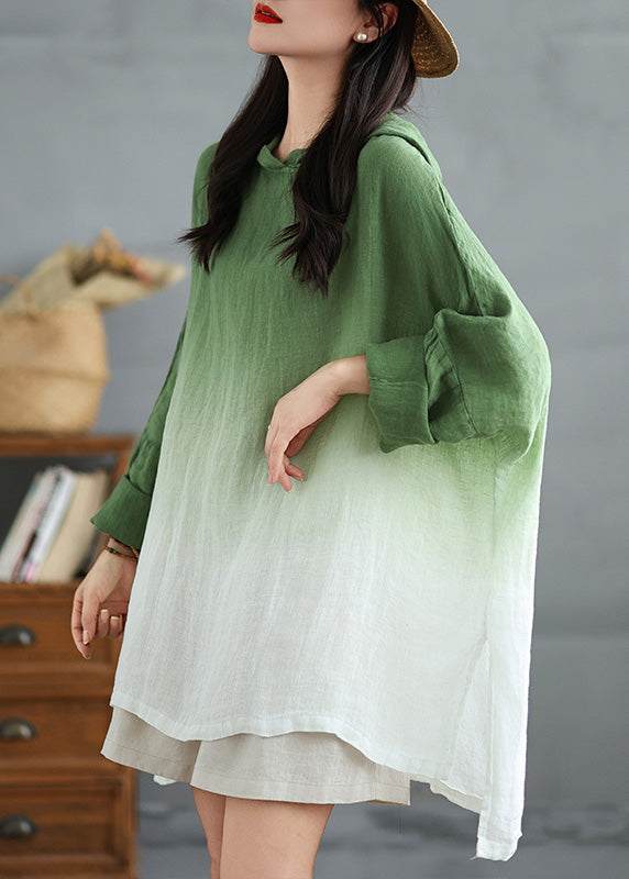 Bohemian Gradient Green Hooded Linen Loose Sweatshirts Spring