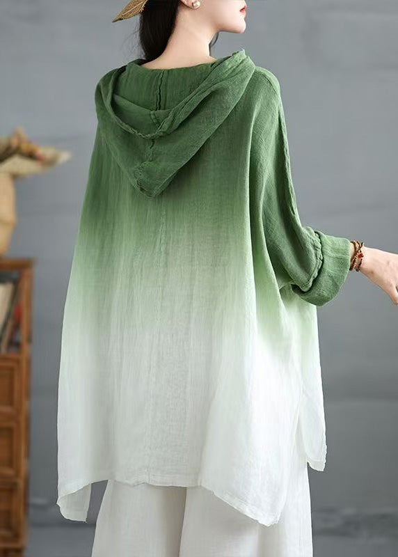 Bohemian Gradient Green Hooded Linen Loose Sweatshirts Spring