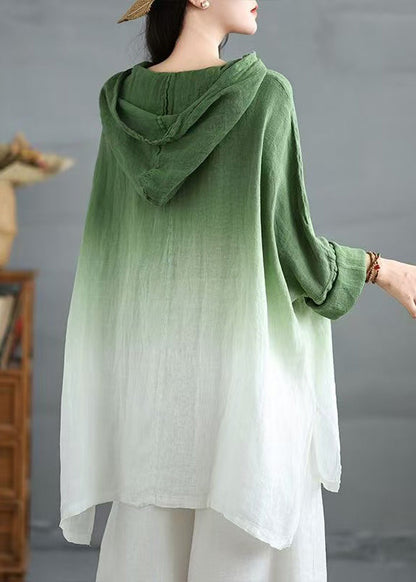 Bohemian Gradient Green Hooded Linen Loose Sweatshirts Spring