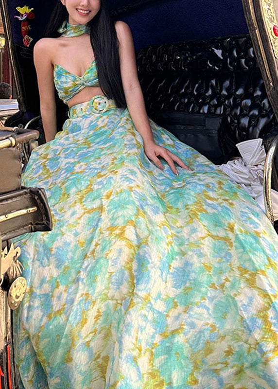 Conjunto de dos piezas de top con estampado de lazo verde bohemio y falda acampanada para verano