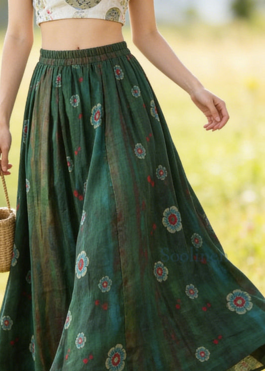 Bohemian Green Elastic Waist Print Linen Skirts Summer