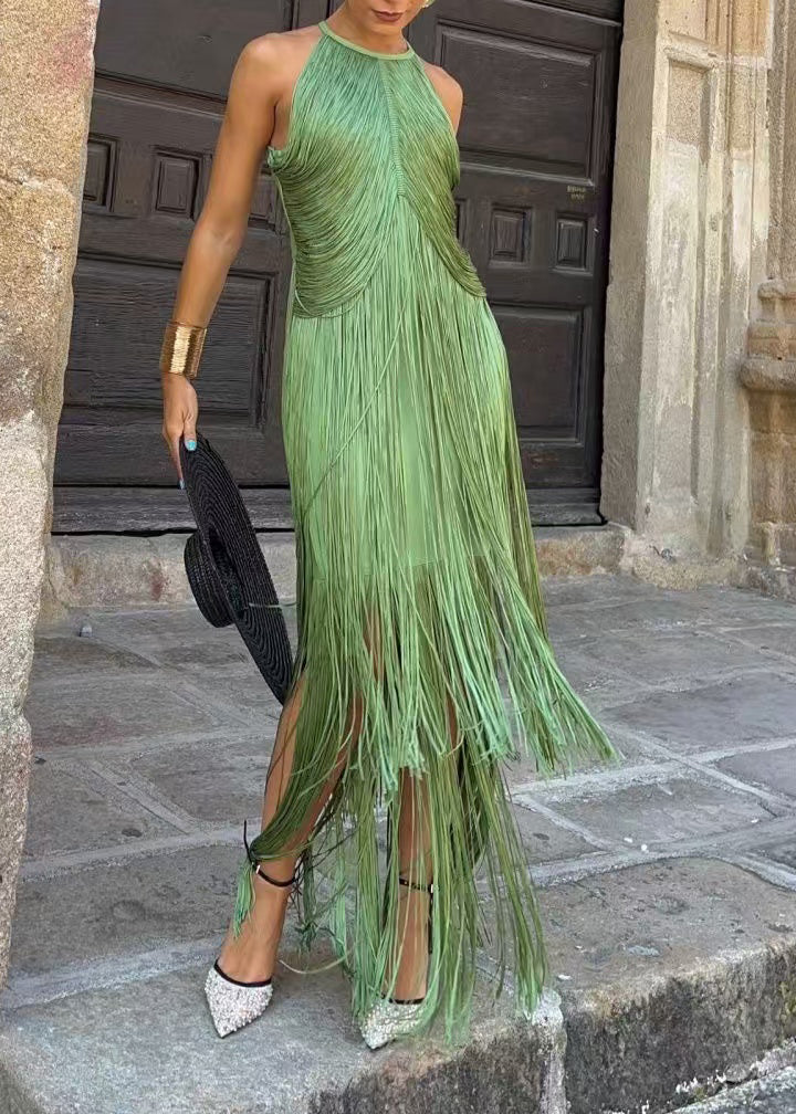 Bohemian Green Halter Tassel Vacation Dresses Sleeveless