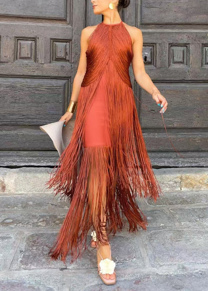 Bohemian Green Halter Tassel Vacation Dresses Sleeveless