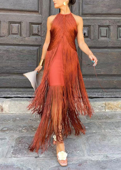 Bohemian Green Halter Tassel Vacation Dresses Sleeveless