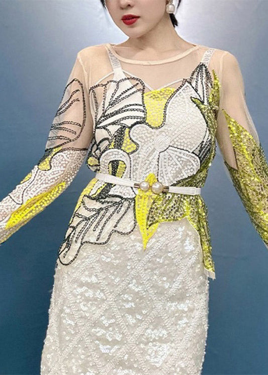 Top fino con lentejuelas y estampado de cuello redondo verde bohemio para otoño