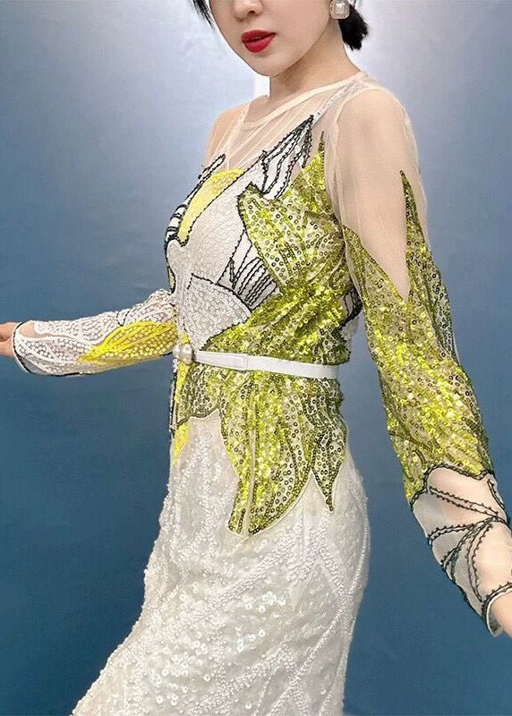 Top fino con lentejuelas y estampado de cuello redondo verde bohemio para otoño