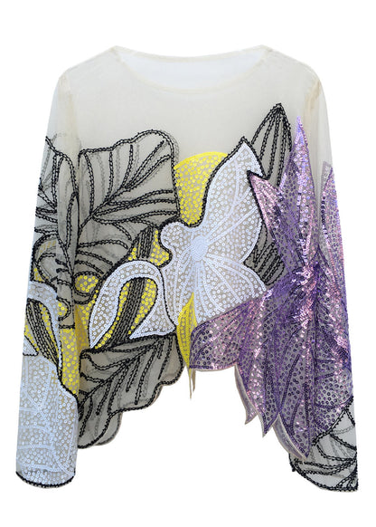 Top fino con lentejuelas y estampado de cuello redondo verde bohemio para otoño