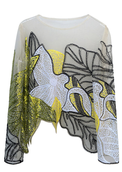 Top fino con lentejuelas y estampado de cuello redondo verde bohemio para otoño