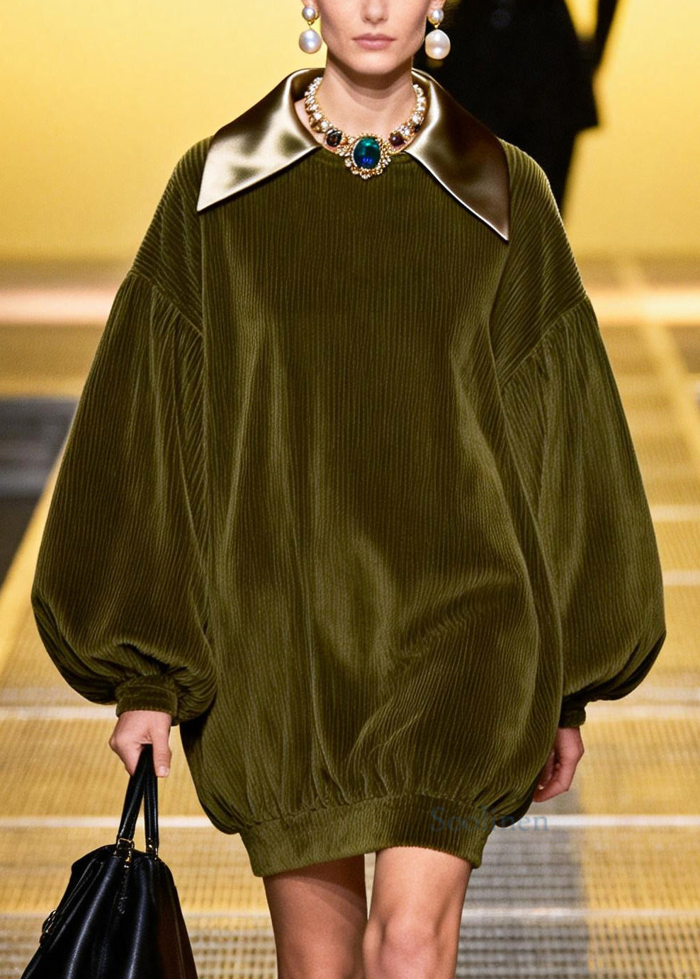 Bohemian Green Oversized Patchwork Corduroy Mini Dresses Fall