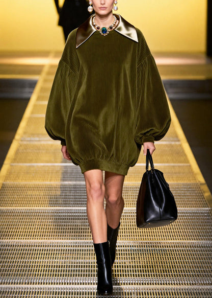 Bohemian Green Oversized Patchwork Corduroy Mini Dresses Fall