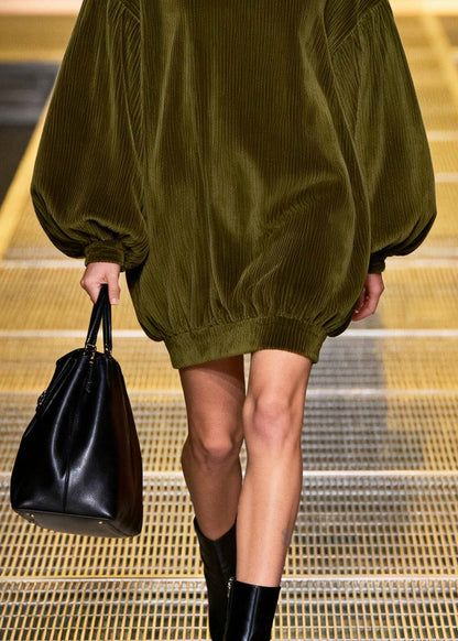 Bohemian Green Oversized Patchwork Corduroy Mini Dresses Fall