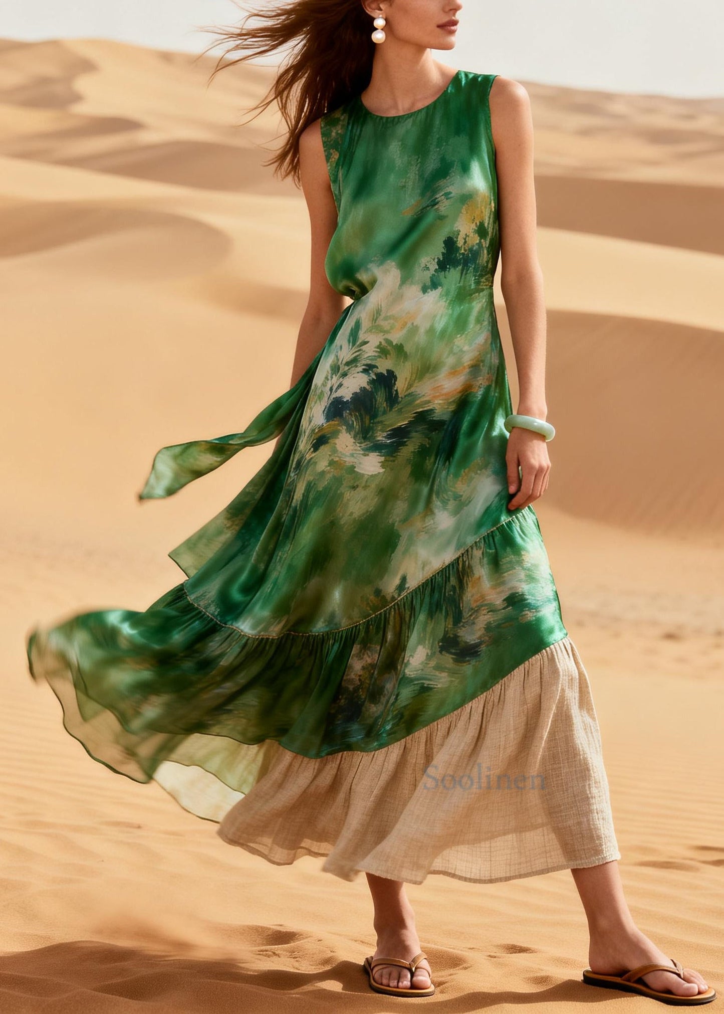 Bohemian Green Patchwork Linen Silk Maxi Dresses Summer