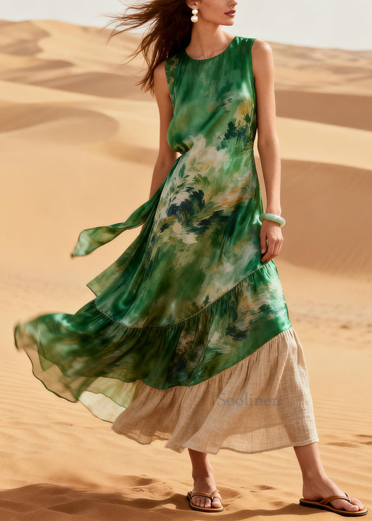 Bohemian Green Patchwork Linen Silk Maxi Dresses Summer